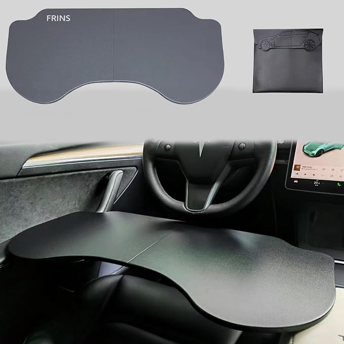 Frins Foldable Car Desk for Tesla Model Y/3/X Accessories, PU Leather Car Table Tray, Anti-Slip Stable Desktop No Mouse Drift, Multifunctional in-Car Tray for Eating, Work, Study, Makeup and Travel by FRINS