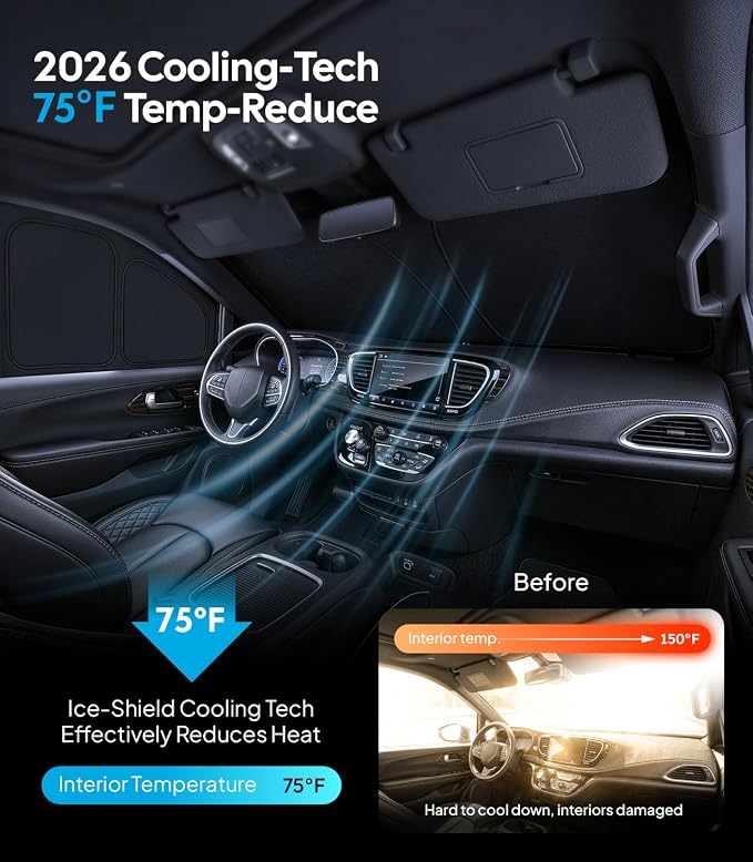 Wigoo 2026 8PC Full Set Window Sunshade for Chrysler Pacifica 2017-2026 | 7-Layer Cooler & Blacker, Ice-Crystal Tech, Full Set Shades With Windshield for Sun Block, Camping Accessories - Image 3