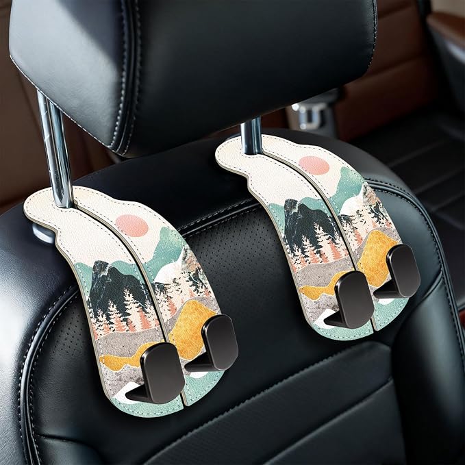 Blusabaca 2PCS Car Seat Headrest Hooks, Purses Bags Holder, Sunrise | PU Leather, Double Metal Back Storage Hangers for Grocery Bags Handbags Bottles Coats Phones, Car Accessories Organization by Blusabaca