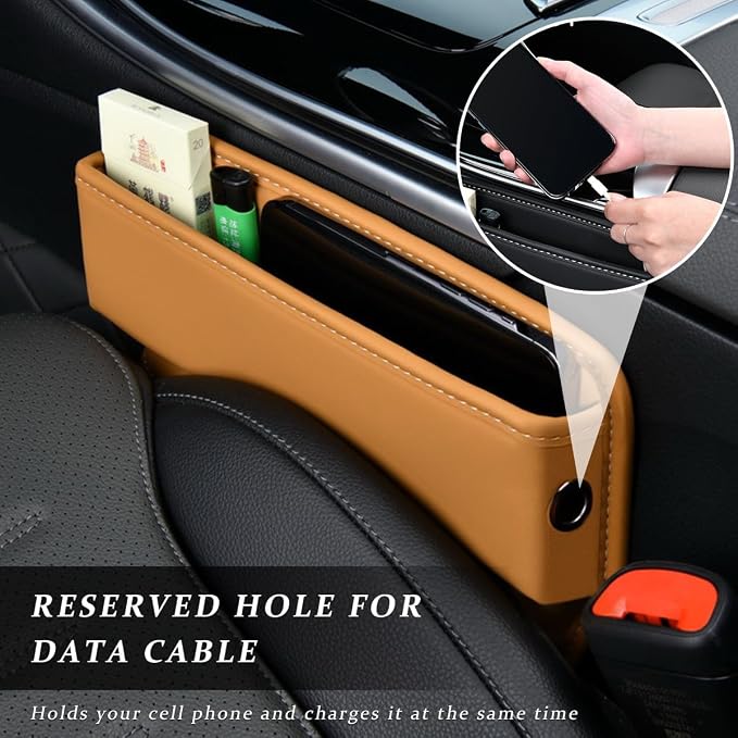 Kewucn Car Seat Gap Organizer, Adjustable Leather Front Seat Gap Filler Storage Box, Multifunctional Auto Console Side Pocket Organizer for Phone Glasses Key Card, Car Accessories (Khaki) - Image 4