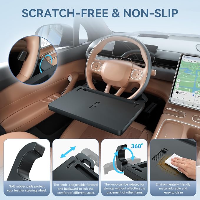 Extendable Steering Wheel Tray, Adjustable Car Laptop Desk Table | ABS, 22 lb capacity, 15-26 in extendable tray, 360° buckle, tablet slot, fold-flat storage, for parked work and dining - Image 4