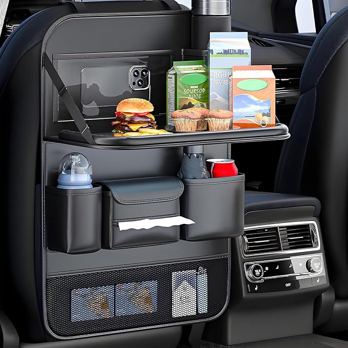 Foldable Car Backseat Organizer with Table Tray, Car Seat Back Protector with Touch Screen Phone Holder, Premium Leather Kick Mats with Storage Pockets Tissue Holder (Black) by DoouBao