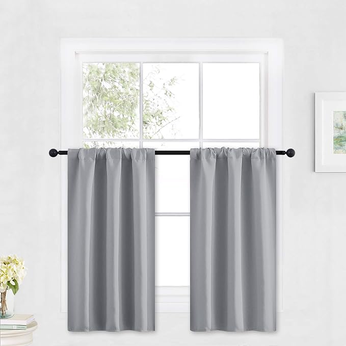 RYB HOME Cafe Blackout Curtains 30 inch Length, Short Window Curtain Tiers | Light UV Heat Blocking,Energy Saving,Privacy Protection,For Basement Bathroom Kitchen Window,W29 x L30,Silver Grey,2 Panels by RYBHOME