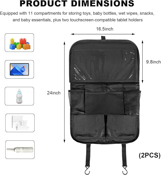 2 PCS Car Backseat Organizer with Tray, Waterproof Back Seat Protector with Touch Screen Tablet Holder, 11 Storage Pockets Anti-Scratch Kick Mat Universal for Family Road Trips - Image 2