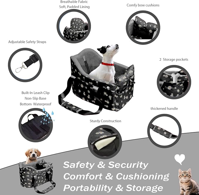 Center Console Dog Car Seat for Small Dogs Up to 11 Lbs | Anti-Collapse Booster Armrest Pet Bed For Chihuahuas And Yorkies, Black - Image 5