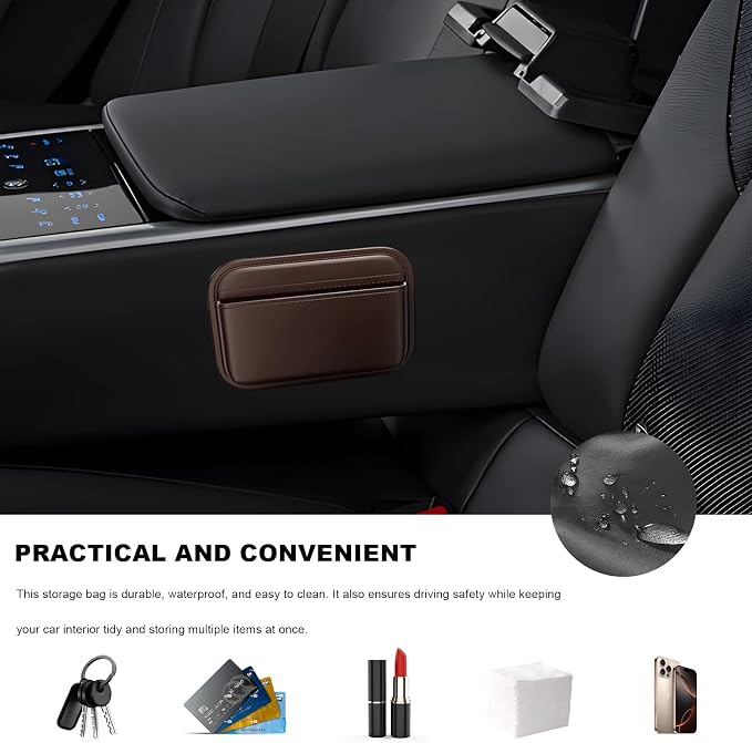 Car Seat Side Pocket Organizer, Mini Leather Auto Door Storage Bag Console Side Organizer, Multifunctional Seat Gap Pocket Storage Pouch for Phone Pen Key Sunglass (Coffee) - Image 5