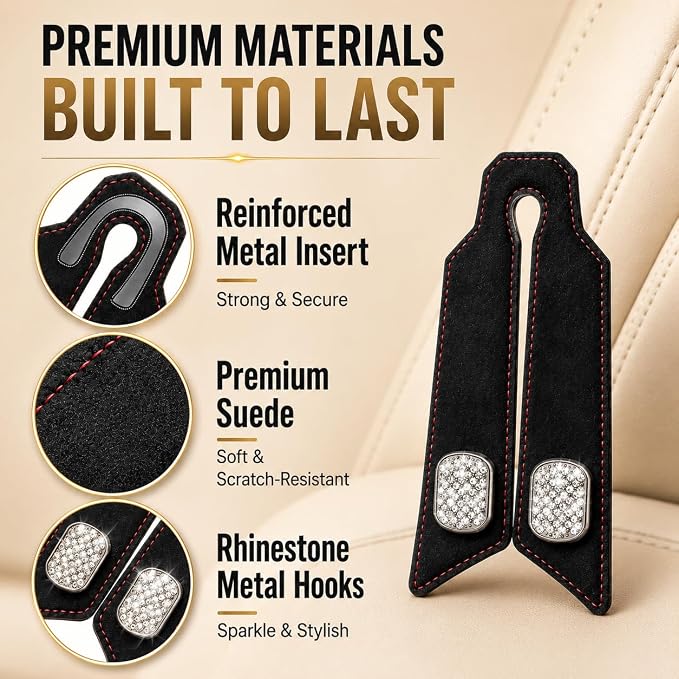 2 Pack Bling Car Headrest Hooks, Purse Hangers, Crystal Black | Sparkling rhinestones, premium leather, and dual metal hooks add style while holding purses, bags, coats, and groceries. - Image 2