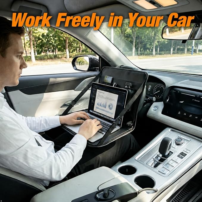 NEVERLAND Car Steering Wheel Desk for Laptop - 3-in-1 Car Tray | Fits < 15.75" Wheels, Portable, Car Desk Table Tray for Commuters and Kids, Holds 15" Laptops & 6.6 lbs Load - Image 3