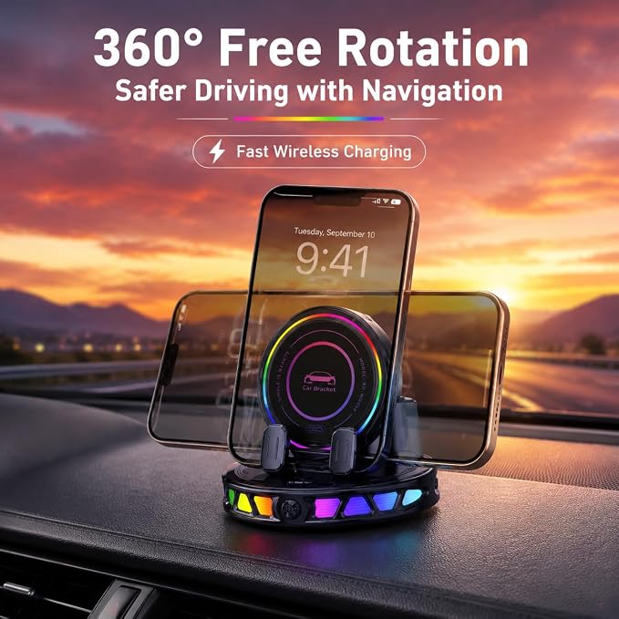 15W MagSafe Car Mount Charger with 7-Color RGB Light, Car Phone Holder for Your Car, Horizontal Mode Wireless Charging, 360° Rotating Strong Suction Mount for iPhone 17 Pro Max 16 15 14 13 12 - Image 2