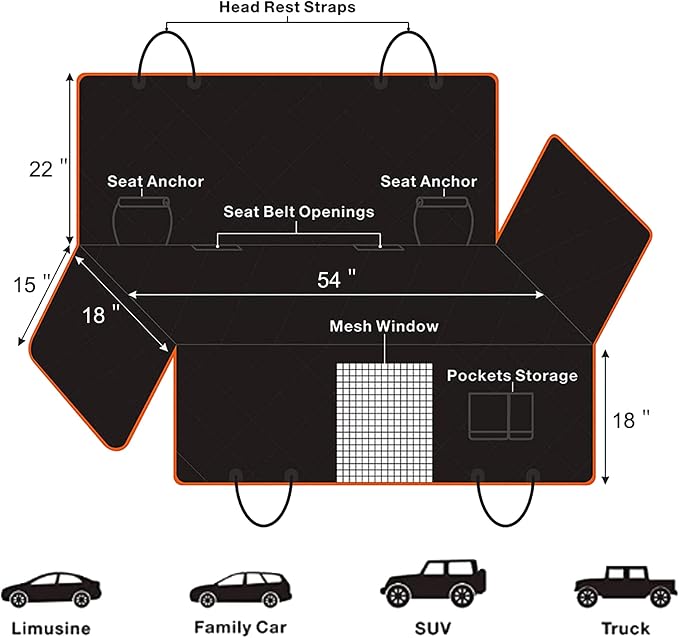 Dog Car Seat Cover, Waterproof Nonslip Pet Seat Cover for Back Seat with Storage Pockets Mesh Visual Window, Heavy Duty Scratchproof Pet Dog Seat Cover Hammock for Cars Trucks and SUVs - Image 5