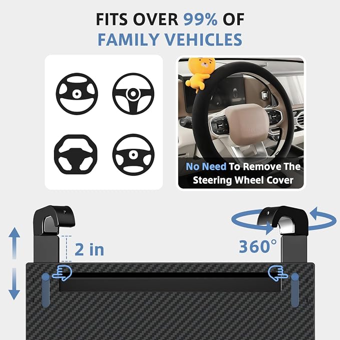 Steering Wheel Tray, Car Food Tray, Car Desk for Laptop, Carbon Fiber Look Multipurpose Car Table for Eating & Work, Adjustable Car Tray with Drawer and Anti-Slip Protective Adhesive - Image 3