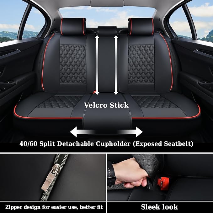 Coverado Rear Seat Covers, Sporty Non-Slip Waterproof Faux Leather Rear Protectors for Trucks SUVs, Mens Automotive Interior, Racing Style – Redline - Image 3