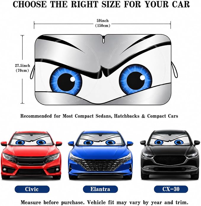 Car Windshield Sun Shade, Universal Fit Compact Sedan SUV, Sport Silver | 57 x 29.5" Car Sun Visor, Foldable Front Window Sunshade, UV Heat Protection, Cute Eyes Series - Image 5