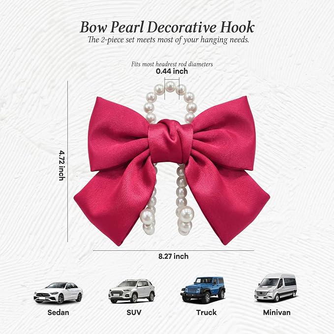 2PCS Satin Bow Pearl Car Seat Headrest Hooks – Car Bag Holder & Vehicle Hanger for Purses – Cute Coquette Aesthetic Interior Decoration – Cute Auto Organizer Accessories Universal (Berry Fuchsia) - Image 2