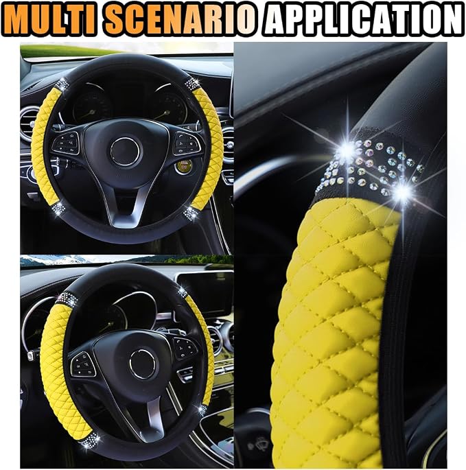 JOYCOURT 15 Inch Bling Soft Leather Car Steering Wheel Cover, Yellow | Colorful Rhinestones Design, Auto Elastic Protector for Women Girls, Crystal Diamond Car Accessories for Most Cars, SUVs - Image 6