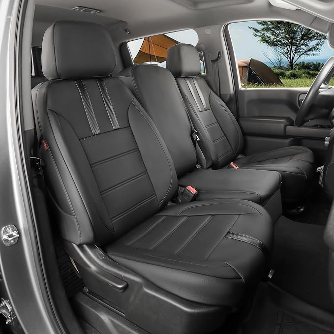 Silverado Seat Covers for 2014-2018 Silverado/Sierra 1500/HD 2500/3500 RegularCab(2-Door),3 Seats,Fully Covered,Waterproof Truck Leather Seat Protector(Full Set,Black & Carbon Fiber) by Coverdream