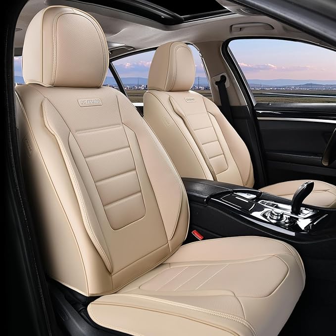 Coverado Car Seat Covers Front Seats, Car Seat Cover Beige, Car Seat Protector, Car Seat Cushion Nappa Leather, 2-Pack Waterproof Seat Covers Carseat Cover Universal Fit for Most Cars Trucks by COVERADOAUTO