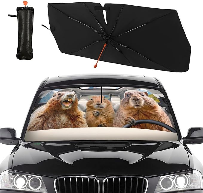 Funny Groundhog Car Windshield Sun Shade Umbrella Bendable Handle Foldable Animal Print Sunshade for Car Windshield Block UV Rays Keep Vehicle Cool for Most Sedans SUV Trucks Cars 57"x30" - Image 2