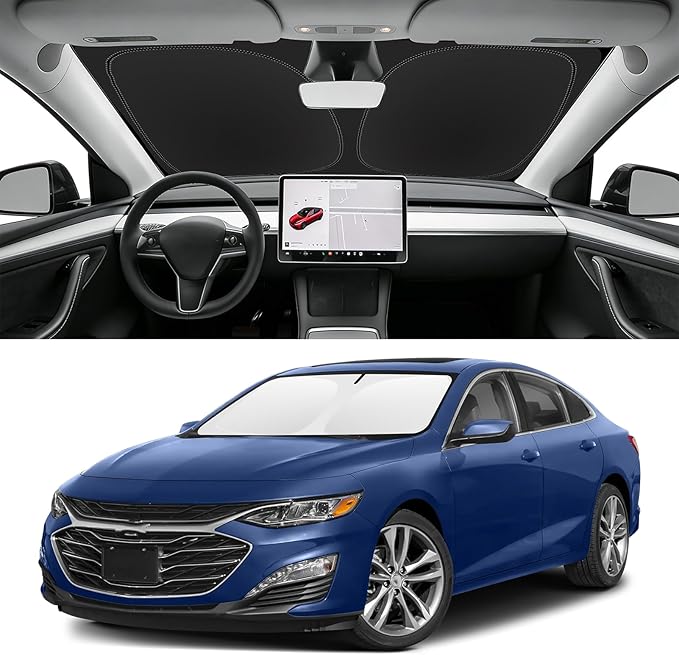 Custom Fit Windshield Sun Shade for Chevy Malibu 2016-2025 | Blocks UV Rays and Sun Heat, Helps Reduce Interior Temperature, Protects Dashboard from Fading, Folds Easily for Storage by SLOGENTO