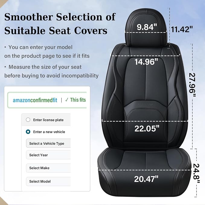 Coverado Automotive Seat Covers, Leather Seat Covers Front Seat, Luxury Car Seat Covers with Lumbar Support, Front Driver Seat Covers, Car Seat Protector Waterproof Universal Fit Most Cars(Black) - Image 7