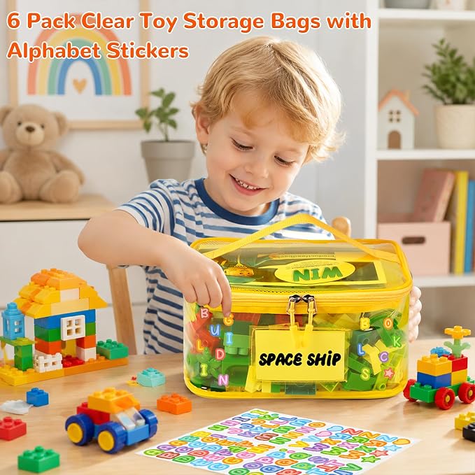 Tesuko 6 Pack Clear Toy Storage Bag with Name Tag& Manual Pocket, Waterproof Transparent PVC Toy Organizer Case for Lego Bricks, Board Games, Building Blocks, Puzzles (Large Capacity, Full Colourful) - Image 9