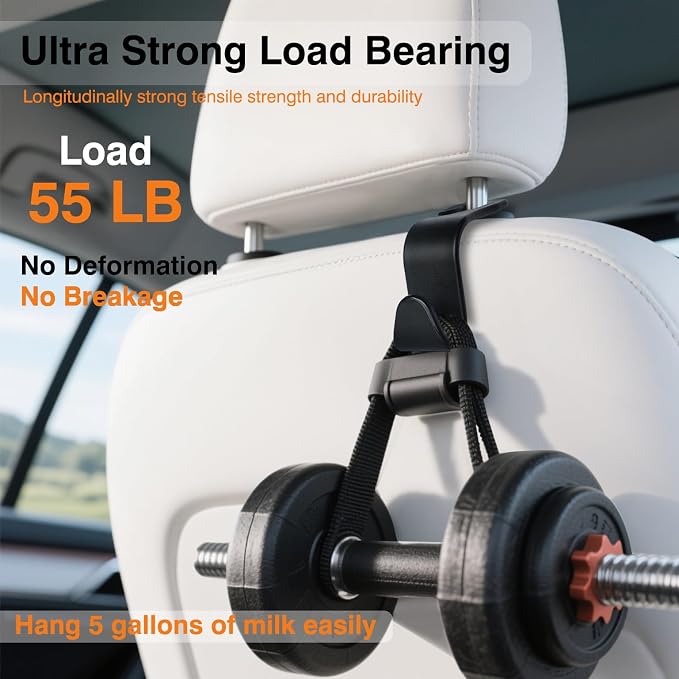 4-Pack Car Seat Hooks - 55 lb Each, Fits 0.32-0.55 in Headrest Rods | Purse holders; PP construction; tool-free setup; 360° swivel; black; for groceries, backpacks, gym bags, and baby gear - Image 5
