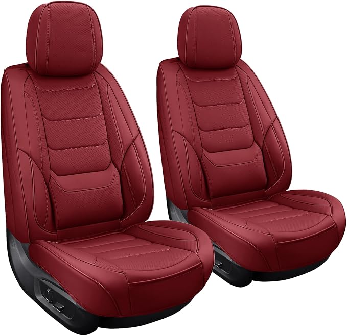 Leather Front Seat Covers for Cars Automotive Seat Protectors | Breathable Waterproof Durable Full Surround & Lumbar Support Design Non-Slip Universal Fit for Most Cars SUVs Trucks Vans Red by Unknown