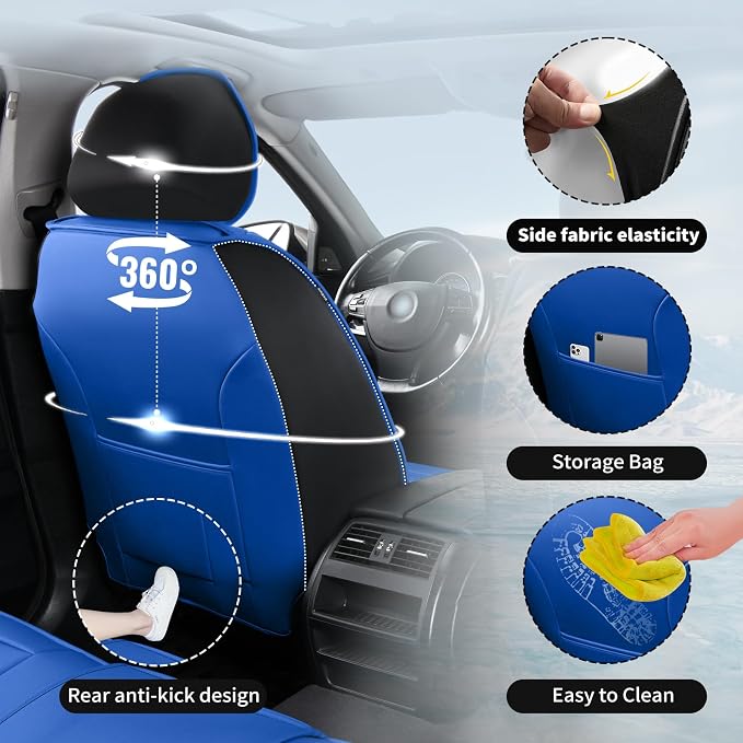 Fit Sienna Premium Leather Car Seat Covers for Toyota Sienna 2007-2025 2026 - Waterproof，Breathable，All-Weather Seat Cushion Protecto & Airbag Compatible, 2 Front Seat Blue&Black - Image 4