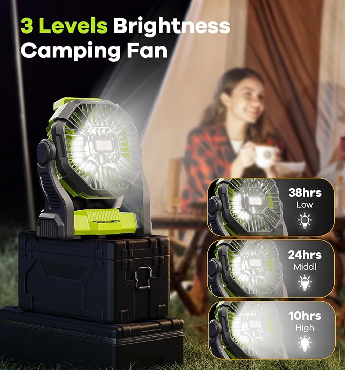 DOWILLDO 10400mAh Portable Battery Powered Camping Fan - with LED Light, Quiet Battery Operated, Camping Gear for Travel, Tent, Beach, Car or Hurricane Power Outages, Green - Image 4