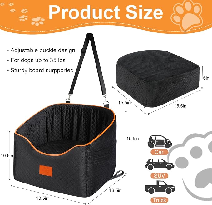 XIEEAOZEE Dog Car Seat for Small Dogs, Memory Foam Booster Dog Seat for Dogs up to 35 lbs, Elevated Pet Car Seat with Washable Removable Cover, Storage Pockets (Black) - Image 2