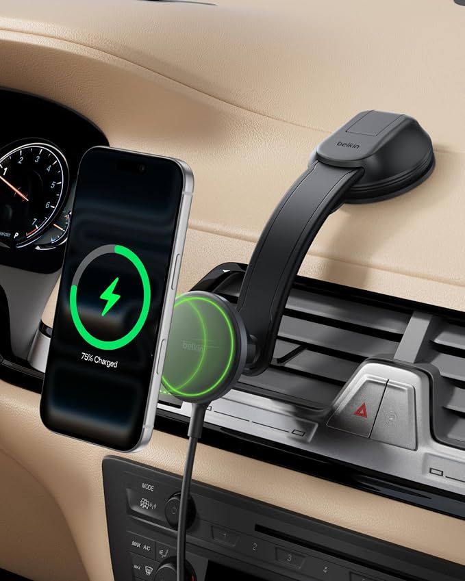 Belkin Qi2 15W Magnetic Wireless Dash Mount, Fast Charging Car Charger | MagSafe Compatible, iPhone 15/16/17, Samsung Galaxy S26, AirPods, iPads, MacBook, Chromebook, Car Phone Charger by Unknown