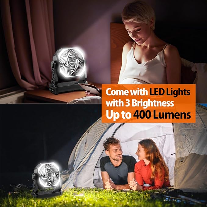 Battery Powered Camping Fan, Battery Operated Fan, Travel Gear Essentials | 20000mAh Rechargeable Battery, 58Hrs Runing, 400LM Light & 360° Rotable Hook, Whisper Quiet Fan for Outdoor Power Outages - Image 3