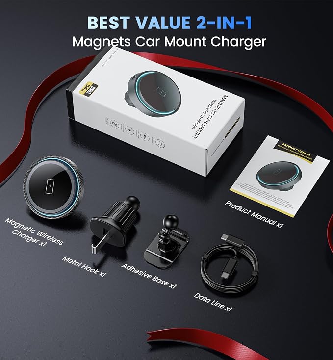 Magnetic Car Charger Mount 15W for iPhone 17-12 Pro Max | N52 Strong Magnets, 360° Rotation, Dashboard & Vent Mount, Compatible with Magnetic Cases, Gift for Men, Black - Image 9