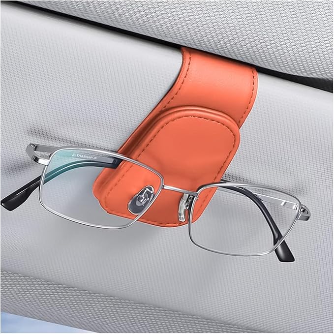 AICEL Sunglasses Holders for Car Sun Visor, Leather Magnetic Clip, Orange | Leather Eyeglasses Hanger Mounter, Magnetic Glasses Holder and Ticket Card Clip, Car Accessories, Universal Fit by AICEL