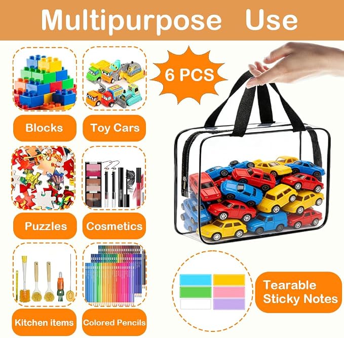 6 Packs Extra Large Toy Storage Bags with Zipper, Clear Toy Organizer Bag | with Labels for Blocks, Reusable 11.8″×8.6″×3.9″ Travel Waterproof Organizer Bags for Puzzles, PVC Plastic Toy Container - Image 3