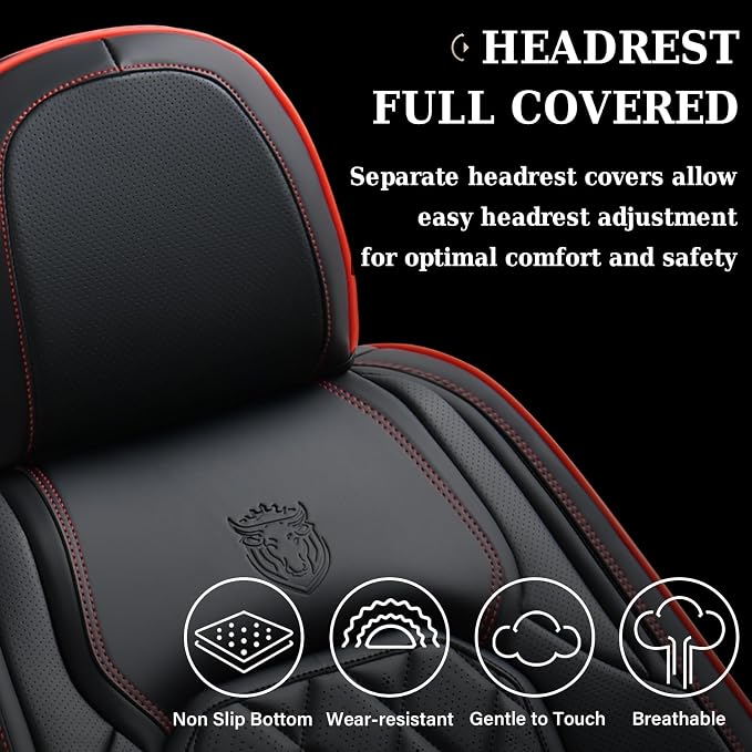 Coverado Car Seat Covers Full Set, Luxury Faux Leather Waterproof Seat Covers, Black Car Seat Covers, Universal Car Seat Protector Leather Car Seat Cushion, Carseat Cover Fit Most Cars, Black&Red - Image 6