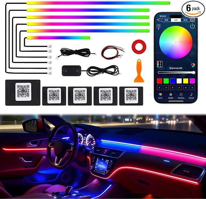 Dreamcolor Acrylic Interior Car LED Strip Lights, 6 in 1 Ambient Lighting Kit with Wireless APP, Dynamic Chasing Music Sync Fiber Optic Lights with DIY Mode, Car Inside Lighting Accessories by JINRUITOP