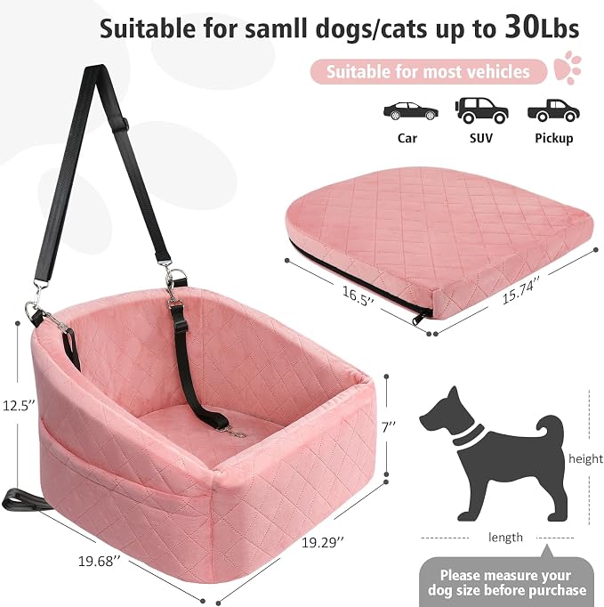 NEEZUKAR Dog Car Seat for Small Medium Dogs,Detachable Washable Dog Booster Seat Under 30lbs, Pet Car Seats Travel Bed with Storage Pockets and Safety Belt(Pink) - Image 2