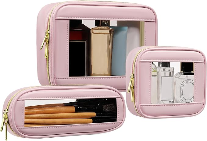 3-Piece Travel Clear Makeup Bag Set, Small Cosmetic Bag with Makeup Brush Case, Leather Waterproof TSA Approved Toiletry Bag with Zipper, Car Organization for Women (Pink-2, Mini+Slim+Medium) by JRQCSJY