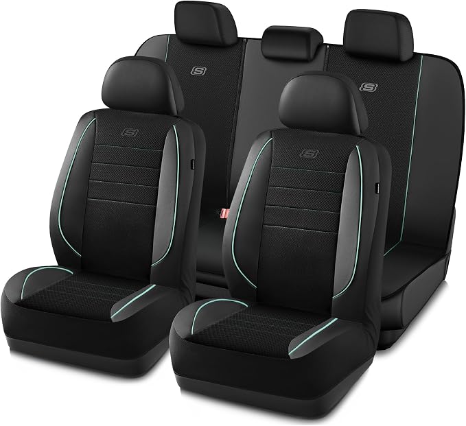 Skechers Air-Cooled Memory Foam Seat Cover,Mesh Thick Car Seat Covers,Piping Leather Car Seat Cover,Airbag Compatible,Automotive Comfort for Most Cars, Vans, Trucks, SUV(Mint,Full Set) by Unknown