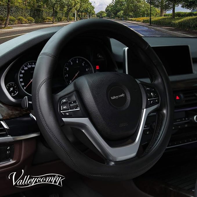 Microfiber Leather Steering Wheel Cover Large-Size for F150 F250 F350 Ram 4Runner Tacoma Tundra Range Rover Model S X with 15 1/2 inches-16 inches Outer Diameter (Black) by Valleycomfy