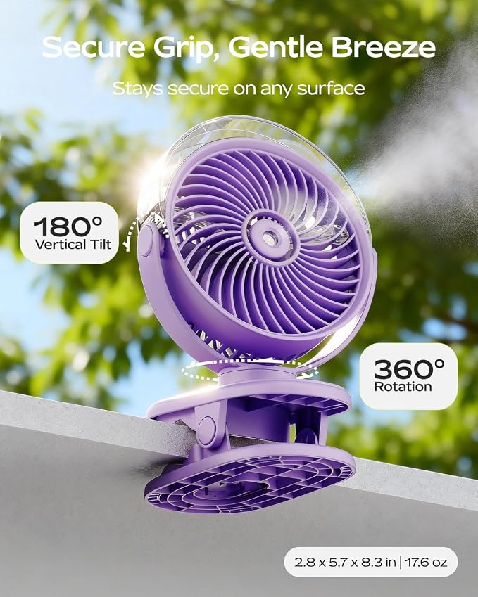 SWEETFULL Portable Misting Clip On Fan, USB-C Rechargeable Mini Personal Cooling Fan with 4 Speeds, 360° Rotatable, Quiet Cooling for Outdoor, Camping, Golf Cart, Travel, Stroller & Desk (Purple) - Image 6