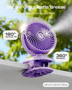 SWEETFULL Portable Misting Clip On Fan, USB-C Rechargeable Mini Personal Cooling Fan with 4 Speeds, 360° Rotatable, Quiet Cooling for Outdoor, Camping, Golf Cart, Travel, Stroller & Desk (Purple) - Image 6