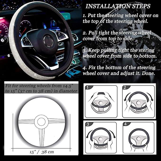 New Diamond Leather Steering Wheel Cover with Bling Crystal Rhinestones | Universal Fit 15 Inch Car Wheel Protector for Women Girls Black - Image 5