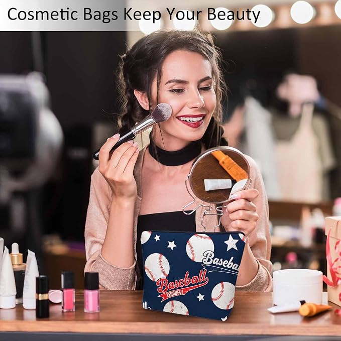 Baseball Makeup Organizer Bag Cosmetic Bag For Men Women, Sports Ball Softball Baseball Blue Travel Toiletry Bag Flax Makeup Bags Purse Business Makeup Pouch For Toiletries Cosmetics - Image 2