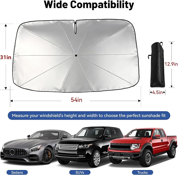 Foldable Car Windshield Sun Shade Umbrella with Rearview Mirror Notch, Titanium Silver UV Blocker for Heat Reduction, Bendable Handle & Anti-Scratch Tips, Fits Sedan Compact SUV (Medium 54"x31") - Image 5