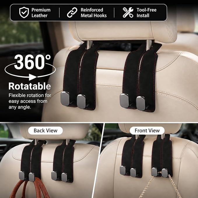 WideFit Car Headrest Hooks, 2 Pack for Wide-Strap Bags, Gray | 0.98 in opening fits thick purse straps. Premium leather and dual metal hooks hold up to 40 lb and rotate 360°. - Image 7