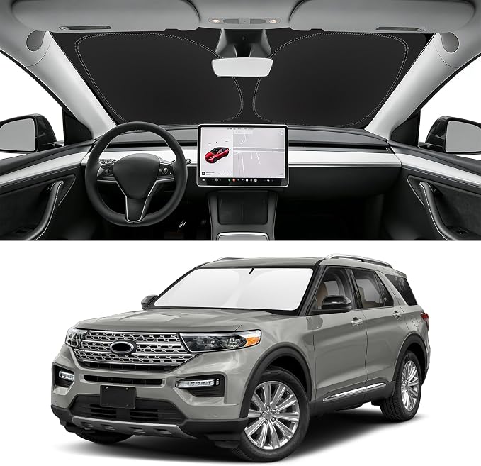 Custom Fit Windshield Sun Shade for Ford Explorer 2020-2026 | Blocks UV Rays and Sun Heat, Helps Reduce Interior Temperature, Protects Dashboard from Fading, Folds Easily for Storage by SLOGENTO