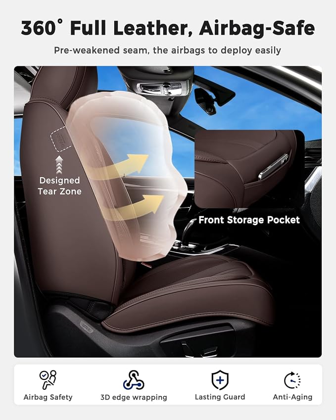 Huidasource Coffee Front Seat Cover Luxury Nappa Leather, Front Car Seat Cover with Airbag, Front Storage Pocket, Lumbar Support, Cooling＆Heating, Universal Fit for Most Cars SUV Trucks, Coffee - Image 2