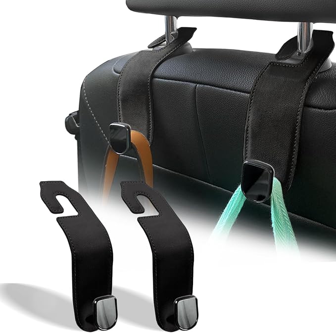 Car Seat Headrest Hook, 2 Pack Leather Car Purses and Bags Hooks Holder Hanger for Groceries Organization Accessories, Black by Teoenix